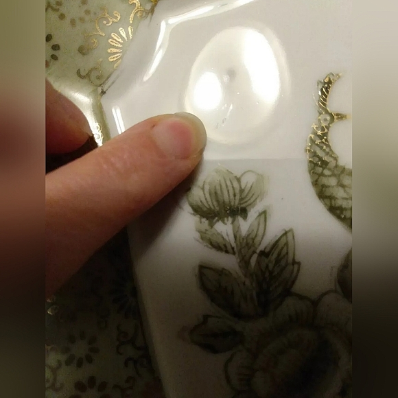 Vintage Japanese JADE GREEN GOLD PEACOCK trinket dish plate floral Asian square - Picture 9 of 10